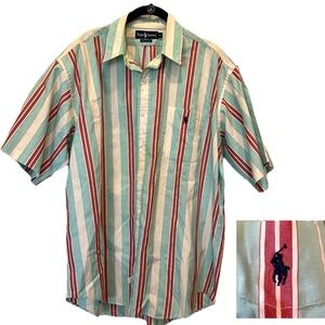 Ralph Lauren Navy Pony Men's Striped Shirt - Red, Aqua , White 100% Cotton SZ XL